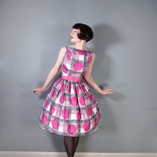 50s 60s BIG PAINTERLY PLAID AND HUGE POLKA DOT PRINT COTTON DRESS WITH BELT - S