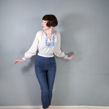 Load image into Gallery viewer, 70s WHITE HUNGARIAN FOLK BLOUSE WITH BLUE FLORAL EMBROIDERY - S