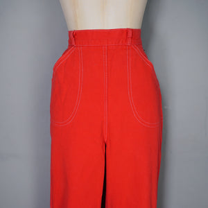 50s 60s HIGH WAISTED BRIGHT BOLD RED CROPPED LEG DENIM JEANS - 26"
