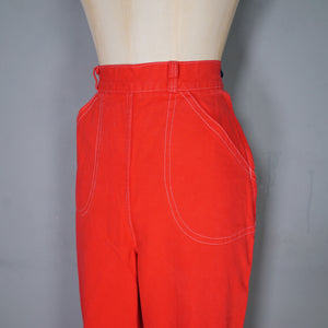 50s 60s HIGH WAISTED BRIGHT BOLD RED CROPPED LEG DENIM JEANS - 26"