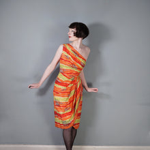 Load image into Gallery viewer, 50s FIREY RED ORANGE AND CHARTREUSE ONE SHOULDER HAWAIIAN DRESS WITH SHOULDER CAPE - S