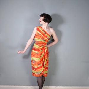 50s FIREY RED ORANGE AND CHARTREUSE ONE SHOULDER HAWAIIAN DRESS WITH SHOULDER CAPE - S