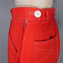 Load image into Gallery viewer, 50s 60s HIGH WAISTED BRIGHT BOLD RED CROPPED LEG DENIM JEANS - 26&quot;