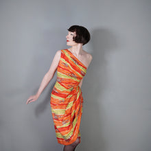 Load image into Gallery viewer, 50s FIREY RED ORANGE AND CHARTREUSE ONE SHOULDER HAWAIIAN DRESS WITH SHOULDER CAPE - S