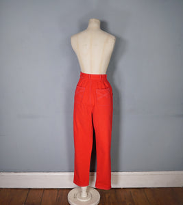 50s 60s HIGH WAISTED BRIGHT BOLD RED CROPPED LEG DENIM JEANS - 26"