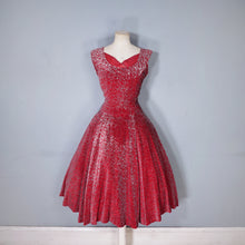 Load image into Gallery viewer, 40s RED AND SILVER FLOCKED VELVET DRAMATIC EVENING DRESS - S