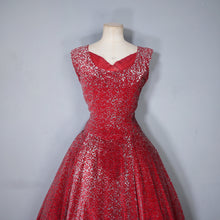 Load image into Gallery viewer, 40s RED AND SILVER FLOCKED VELVET DRAMATIC EVENING DRESS - S