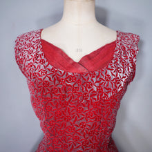 Load image into Gallery viewer, 40s RED AND SILVER FLOCKED VELVET DRAMATIC EVENING DRESS - S