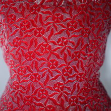Load image into Gallery viewer, 40s RED AND SILVER FLOCKED VELVET DRAMATIC EVENING DRESS - S