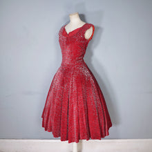 Load image into Gallery viewer, 40s RED AND SILVER FLOCKED VELVET DRAMATIC EVENING DRESS - S