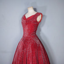 Load image into Gallery viewer, 40s RED AND SILVER FLOCKED VELVET DRAMATIC EVENING DRESS - S