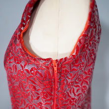 Load image into Gallery viewer, 40s RED AND SILVER FLOCKED VELVET DRAMATIC EVENING DRESS - S
