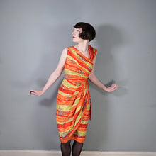 Load image into Gallery viewer, 50s FIREY RED ORANGE AND CHARTREUSE ONE SHOULDER HAWAIIAN DRESS WITH SHOULDER CAPE - S