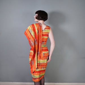 50s FIREY RED ORANGE AND CHARTREUSE ONE SHOULDER HAWAIIAN DRESS WITH SHOULDER CAPE - S