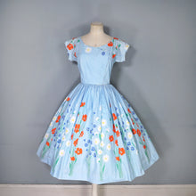 Load image into Gallery viewer, 50s LIGHT BLUE FLORAL BORDER PRINT COTTON DRESS WITH FULL SKIRT - XS-S