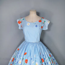 Load image into Gallery viewer, 50s LIGHT BLUE FLORAL BORDER PRINT COTTON DRESS WITH FULL SKIRT - XS-S