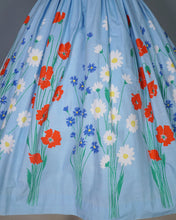 Load image into Gallery viewer, 50s LIGHT BLUE FLORAL BORDER PRINT COTTON DRESS WITH FULL SKIRT - XS-S