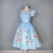Load image into Gallery viewer, 50s LIGHT BLUE FLORAL BORDER PRINT COTTON DRESS WITH FULL SKIRT - XS-S