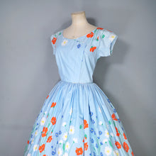 Load image into Gallery viewer, 50s LIGHT BLUE FLORAL BORDER PRINT COTTON DRESS WITH FULL SKIRT - XS-S