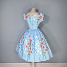 Load image into Gallery viewer, 50s LIGHT BLUE FLORAL BORDER PRINT COTTON DRESS WITH FULL SKIRT - XS-S