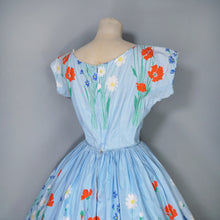 Load image into Gallery viewer, 50s LIGHT BLUE FLORAL BORDER PRINT COTTON DRESS WITH FULL SKIRT - XS-S