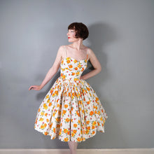 Load image into Gallery viewer, 50s "MISS LONDON" ORANGE AND YELLOW FLORAL STRAPPY SUN DRESS - S
