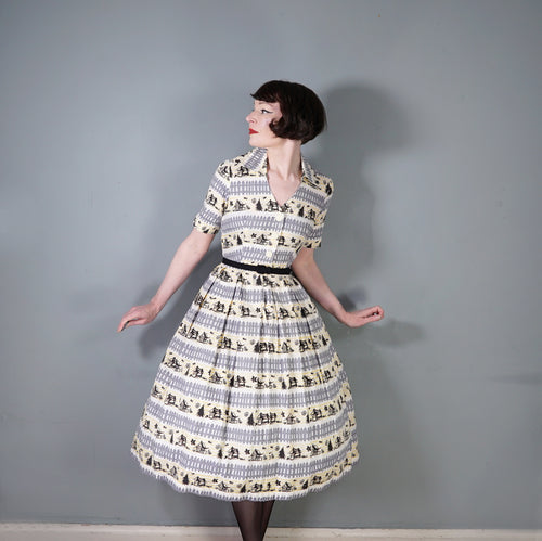 FRED HOWARD 40s 50s NOVELTY PRINT GREY AND YELLOW FENCE AND WOODLAND PRINT DRESS - S