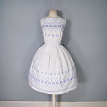 Load image into Gallery viewer, 50s BLUE AND WHITE EMBROIDERED COTTON SUN DRESS WITH FULL SKIRT -