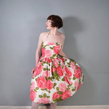 Load image into Gallery viewer, 50s LARGE PINK PAINTERLY ROSE PRINT HALTER SUN DRESS - S