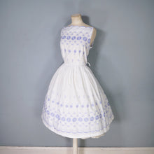 Load image into Gallery viewer, 50s BLUE AND WHITE EMBROIDERED COTTON SUN DRESS WITH FULL SKIRT -