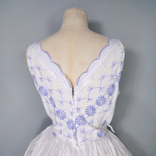 Load image into Gallery viewer, 50s BLUE AND WHITE EMBROIDERED COTTON SUN DRESS WITH FULL SKIRT -