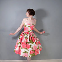 Load image into Gallery viewer, 50s LARGE PINK PAINTERLY ROSE PRINT HALTER SUN DRESS - S