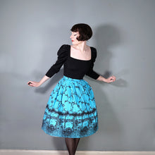 Load image into Gallery viewer, 50s 60s BLUE AND BLACK NOVELTY BORDER VENICE CITYSCAPE PRINT FULL SKIRT - 24-25&quot;