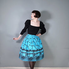 Load image into Gallery viewer, 50s 60s BLUE AND BLACK NOVELTY BORDER VENICE CITYSCAPE PRINT FULL SKIRT - 24-25&quot;