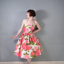 Load image into Gallery viewer, 50s LARGE PINK PAINTERLY ROSE PRINT HALTER SUN DRESS - S