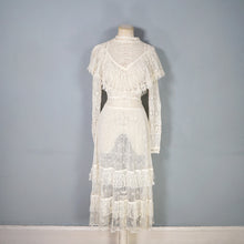 Load image into Gallery viewer, 70s LIM'S CROCHET BOHEMIAN WHITE LACE SEE THROUGH CAPE NECK FESTIVAL DRESS - M