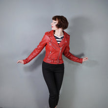 Load image into Gallery viewer, BOLD RED REAL LEATHER FITTED BIKER JACKET WITH SELF BELT - S
