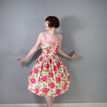 Load image into Gallery viewer, 50s STRAPPY PINK ROSE PRINT FLORAL SUN DRESS WITH FULL SKIRT AND BOW - S