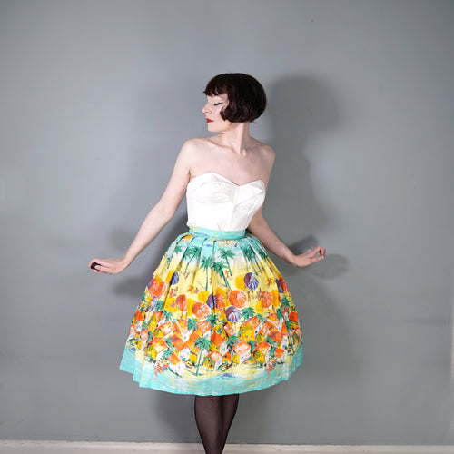 50s BEACH AND VILLAGE LANDSCAPE BORDER PRINT NOVELTY COTTON SKIRT - 24