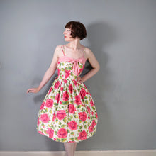 Load image into Gallery viewer, 50s STRAPPY PINK ROSE PRINT FLORAL SUN DRESS WITH FULL SKIRT AND BOW - S