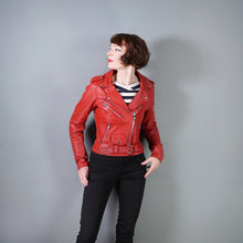 Load image into Gallery viewer, BOLD RED REAL LEATHER FITTED BIKER JACKET WITH SELF BELT - S