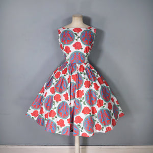 50s "CAMBRIAN" RED ROSE AND DRAGON CREST COTTON DAY DRESS - S