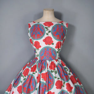 50s "CAMBRIAN" RED ROSE AND DRAGON CREST COTTON DAY DRESS - S