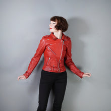 Load image into Gallery viewer, BOLD RED REAL LEATHER FITTED BIKER JACKET WITH SELF BELT - S