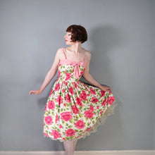 Load image into Gallery viewer, 50s STRAPPY PINK ROSE PRINT FLORAL SUN DRESS WITH FULL SKIRT AND BOW - S