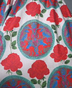 50s "CAMBRIAN" RED ROSE AND DRAGON CREST COTTON DAY DRESS - S