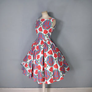 50s "CAMBRIAN" RED ROSE AND DRAGON CREST COTTON DAY DRESS - S