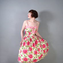 Load image into Gallery viewer, 50s STRAPPY PINK ROSE PRINT FLORAL SUN DRESS WITH FULL SKIRT AND BOW - S