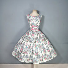 Load image into Gallery viewer, 50s RUIN AND FLOWER PRINT GREEN AND PINK FULL SKIRTED DRESS - S