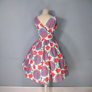 50s "CAMBRIAN" RED ROSE AND DRAGON CREST COTTON DAY DRESS - S